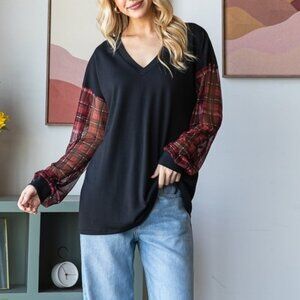 B37 LONG PUFF SLEEVE V NECKPLAID LACE TOP PLUS SIZE BLACK NEW
